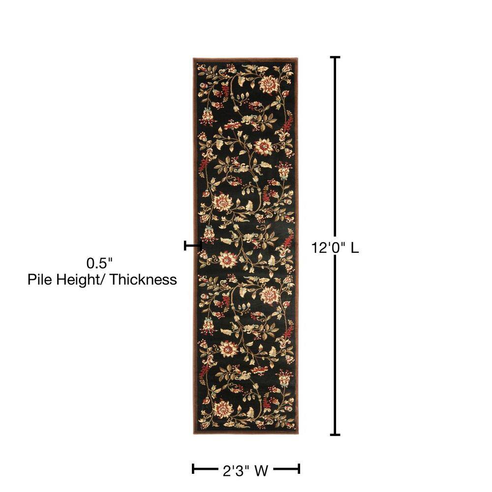 Black Floral Reversible Synthetic Runner Rug, 2'3" x 12'