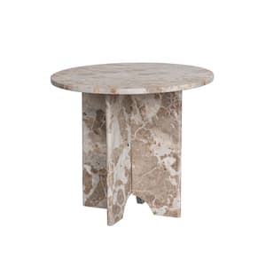 18 in. Beige and Buff Round Stone Marble End Table with Interlocking Base