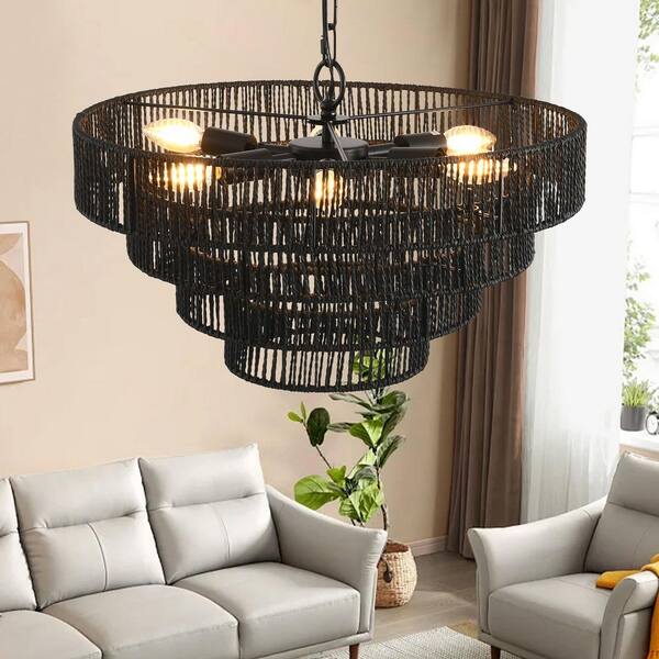 Jushua Modern 6-Light Black Woven Hemp Rope Chandelier, Boho Style