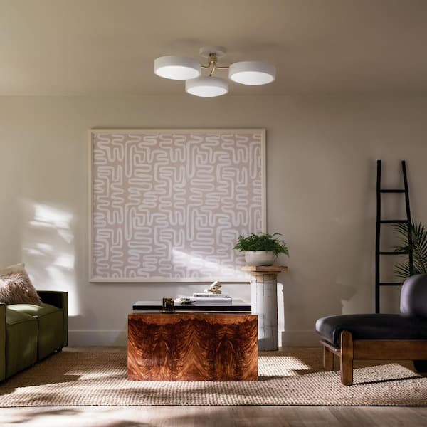 Sago 40 in. 3-Light White and Champagne Bronze Bedroom Modern Integrated LED Semi-Flush Mount Ceiling Light