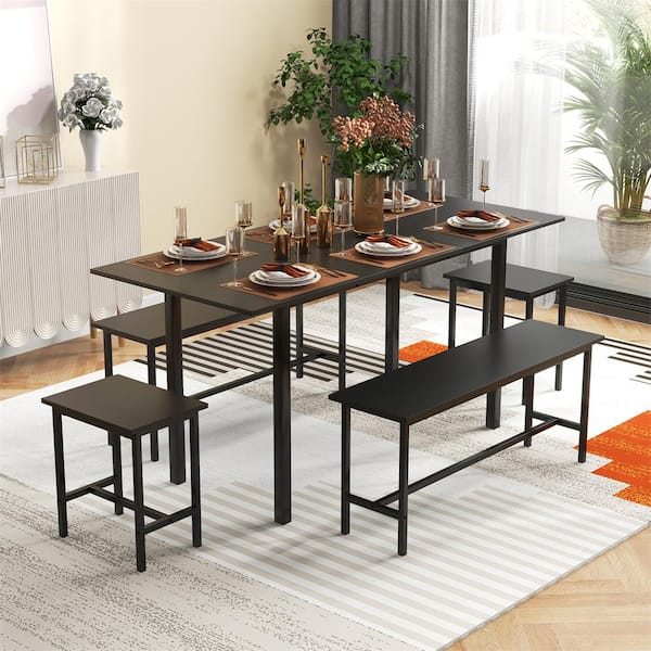 5-Piece Black Wood Top Kitchen Dining Table Set with Extendable Table 2 Benches & 2 Stools