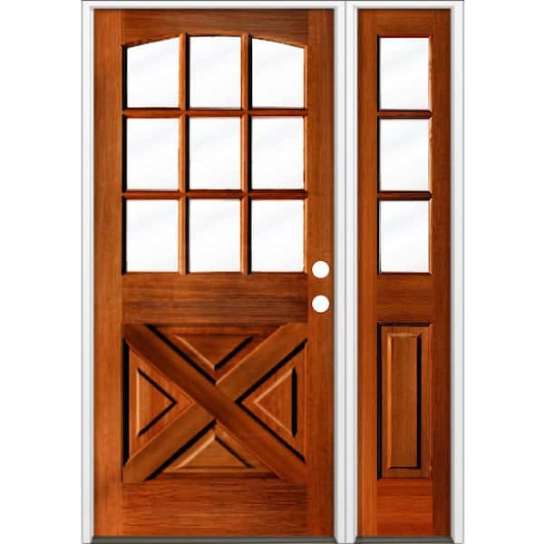 Krosswood Doors 50 in. x 80 in. Farmhouse X Panel LH 1/2 Lite Clear Glass Red Chestnut Stain Hemlock Wood Prehung Front Door with RSL