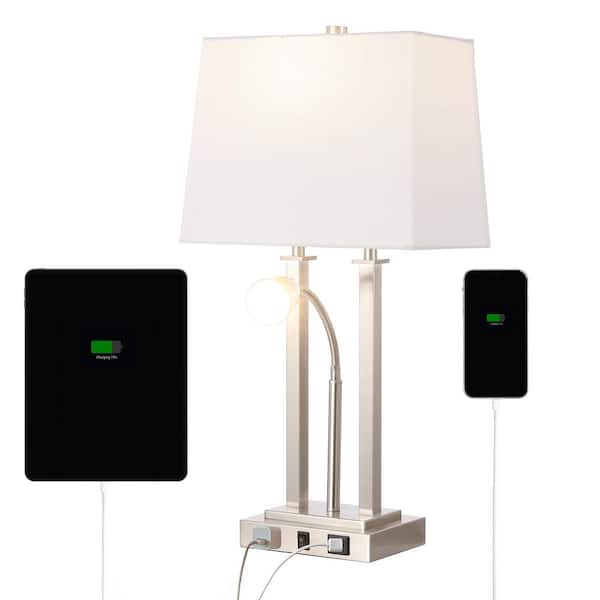JONATHAN Y Blaire 23.75 in. Nickel 2-Light Metal LED Table Lamp with USB Charging port, Adjustable Reading Light and AC Outlet
