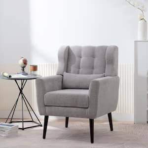 Gray Chenille Fabric Upholstered Armchair with Waist Pillow, Wood Legs with Pads