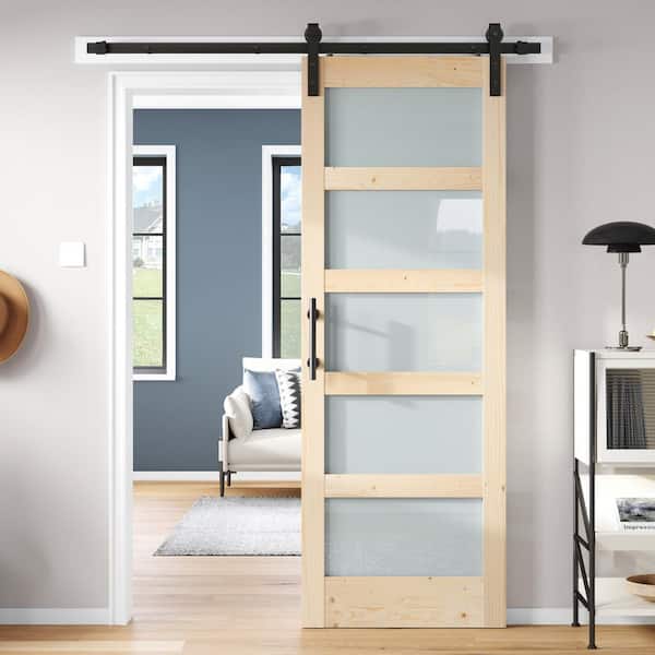 32 in. x 84 in. 5 Lite Frosted Glass Spruce Finished Sliding Sliding Barn Door with Hardware Kit