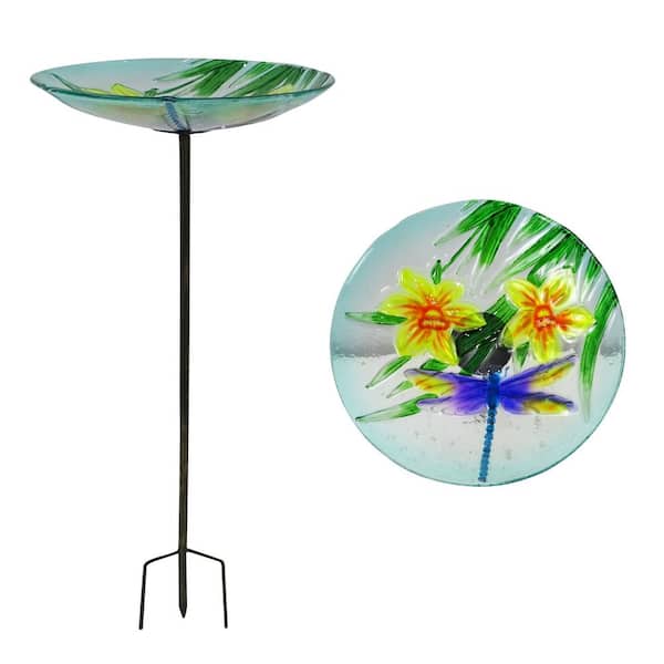 Alpine Corporation 10 in. Glass Stake Birdbath with Flowers and Dragonfly