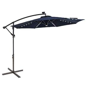 10 ft. Steel Cantilever Solar Patio Umbrella with LED Lights and Cross Base Stand in Navy Blue Solution Dyed Polyester