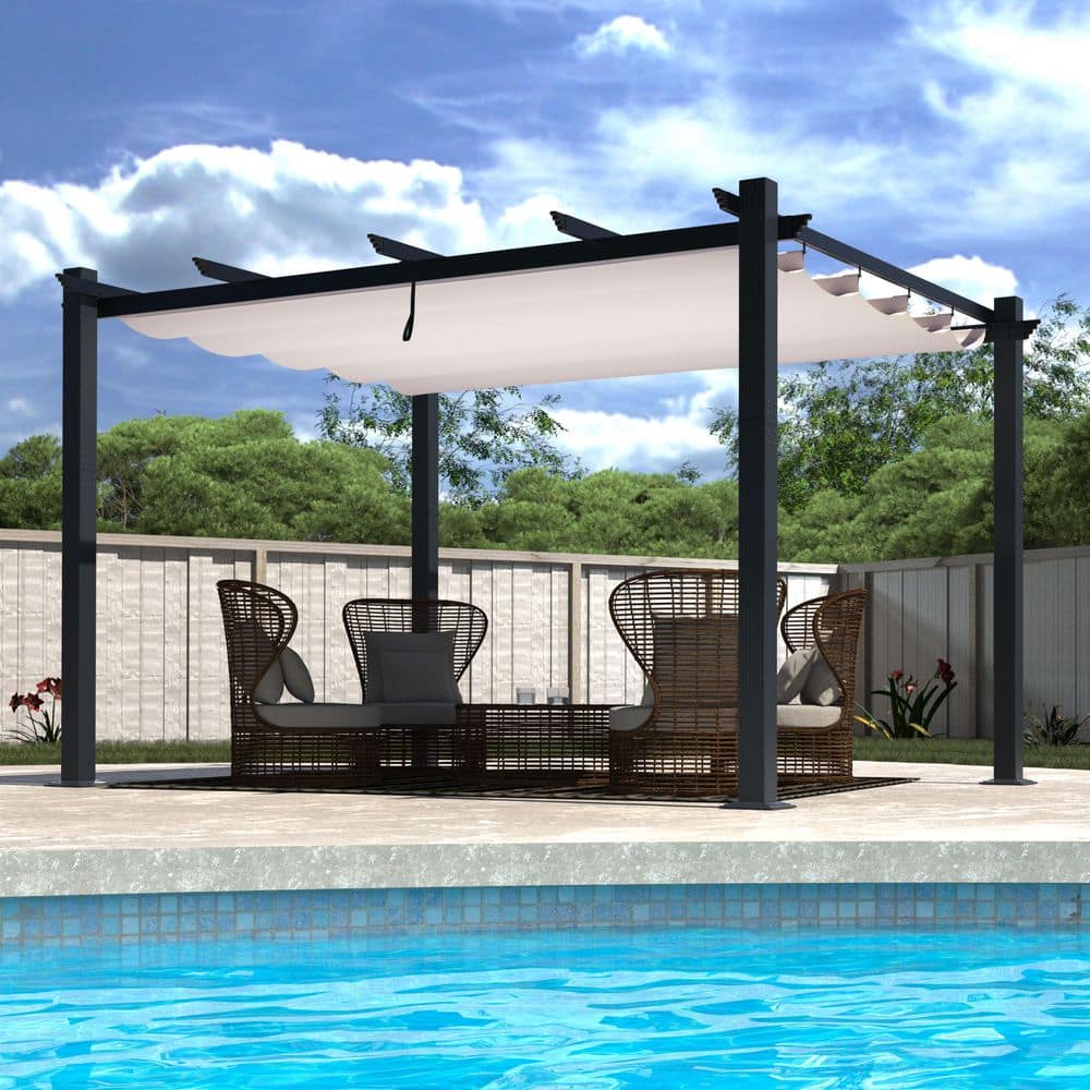 10x10 Beige Aluminum Patio Pergola with Retractable Canopy