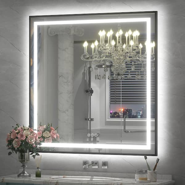 Apmir 38 in. W x 38 in. H Square Framed Front and Back LED Lighted Anti-Fog Wall Bathroom Vanity Mirror in Tempered Glass