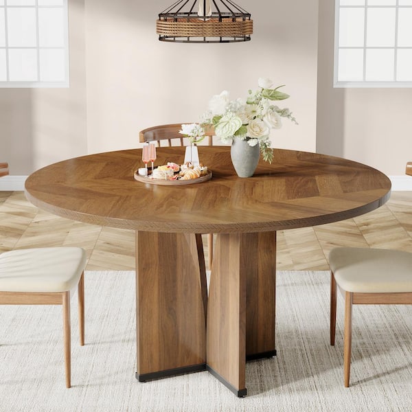 BYBLIGHT Roesler Farmhouse Walnut Wood 39.37 in. W Pedestal Round Dining Table without Chairs, Kitchen Dining Table Seats 4