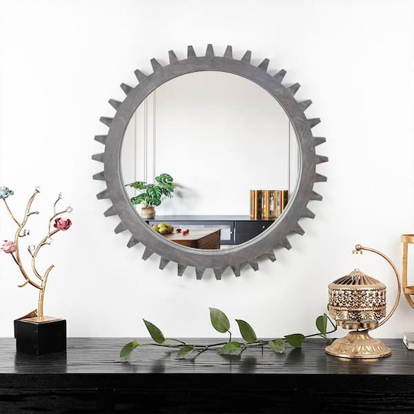 Unbranded Vintage 17 in. W x 17 in. H Wood Round Wall Mirror Gear Shape Decorative Mirror Home Wall Decor, Antique Dark Brown