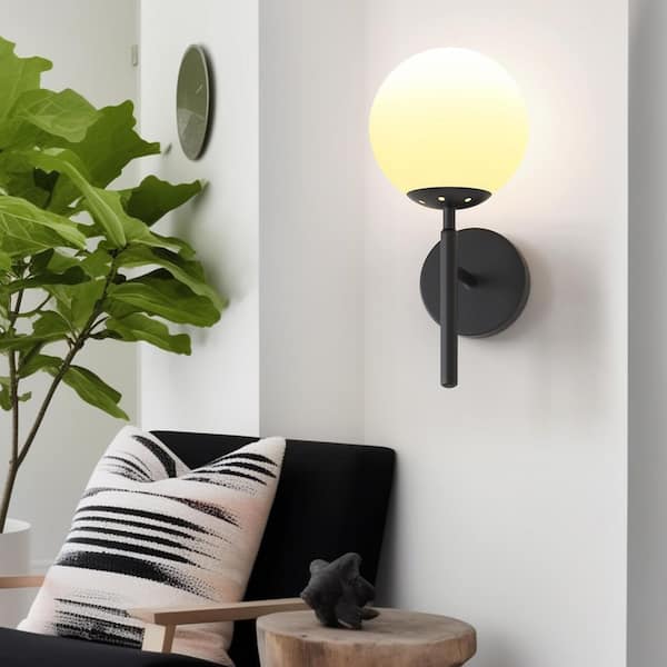 Black Modern Globe 5.91 in. 1-Light Wall Sconce with Frosted Glass Shade for Hallways, Kitchens, and Living Rooms