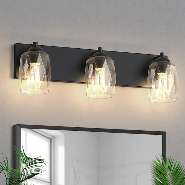 22 in. Industrial 3-Light Matte Black Farmhouse Vanity Light with Glass Shades for Bathroom