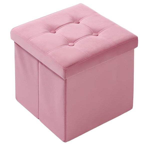 Lusimo Pink Foldable Velvet Square Storage Ottoman