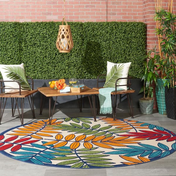 Aloha Multicolor 8 ft. x 8 ft. Round Floral Contemporary Indoor/Outdoor Patio Area Rug
