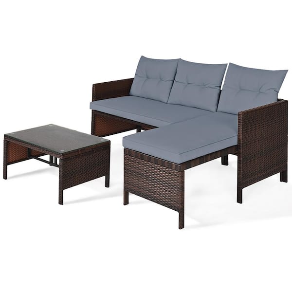 Costway 3-Piece Wicker Patio Conversation Set with Gray Cushions