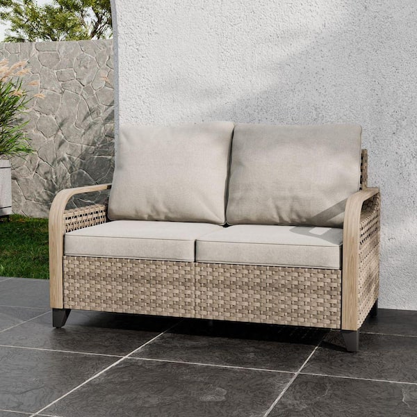 Brown Wicker Outdoor Patio Loveseat with Gray Cushions