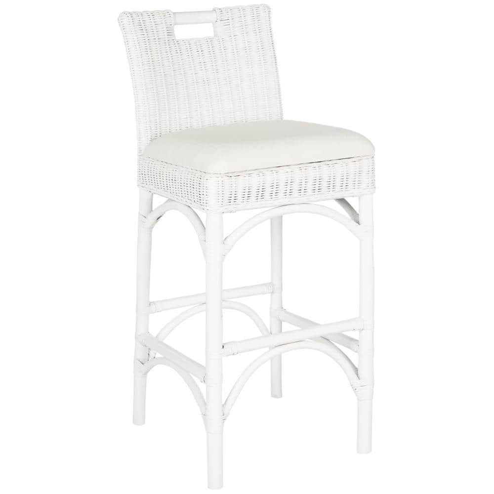 Transitional White Rattan Bar Stool with Comfy Cushion