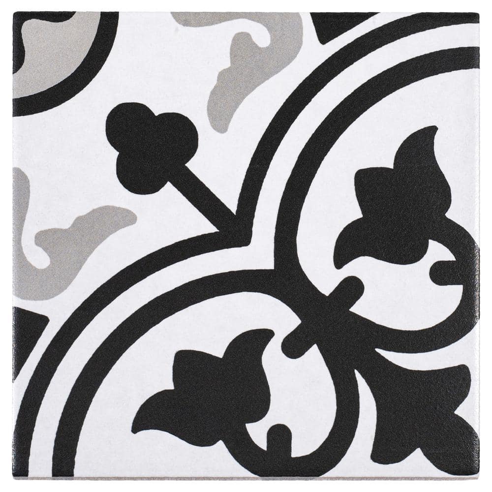 Bliss 8" Black and White Porcelain Patterned Tile