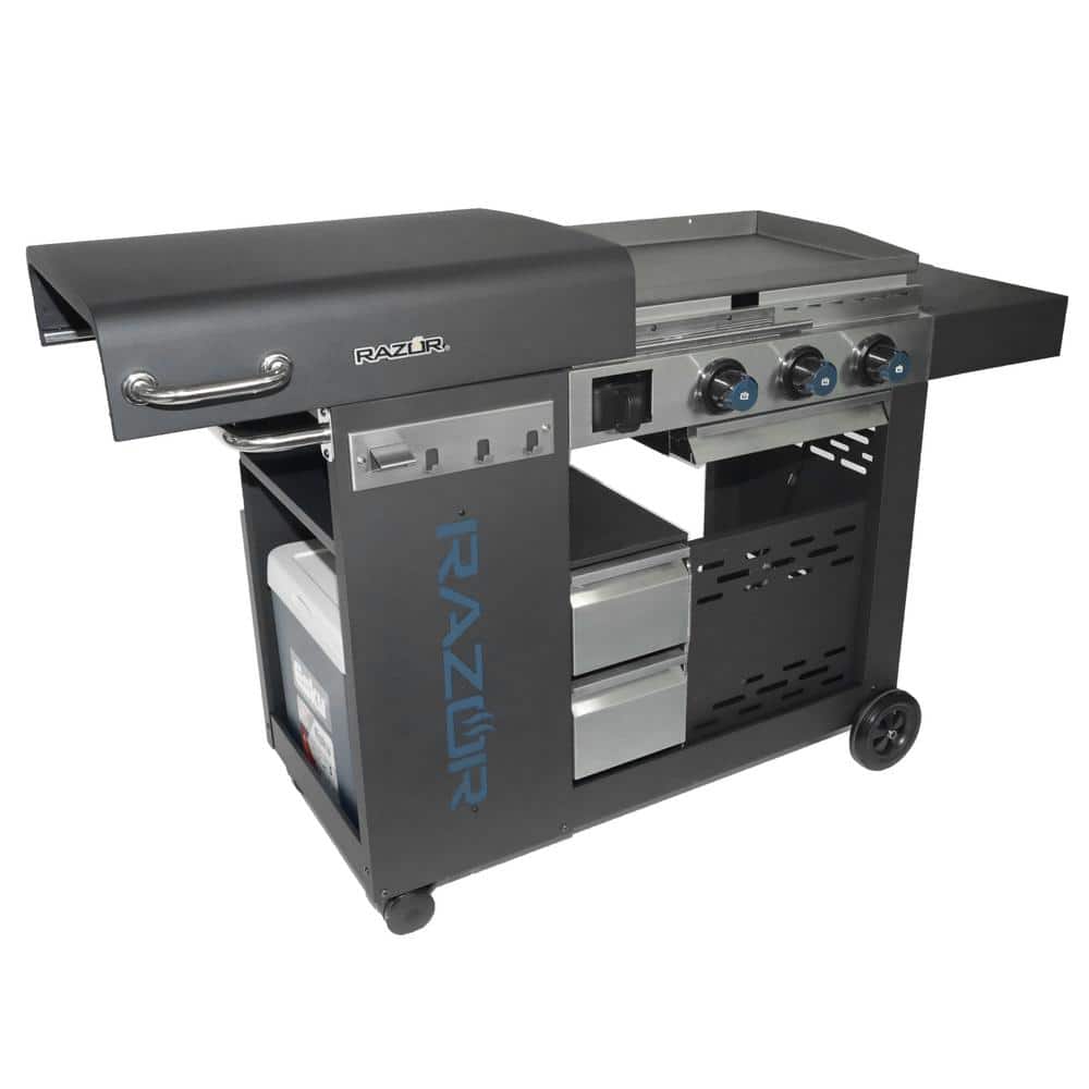 Black Stainless Steel 3-Burner Propane Gas Grill with Fixed Shelves