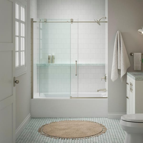 KOHLER Cursiva 56-60 in. W x 62 in. H Sliding Frameless Bath Tub Door in Anodized Brushed Nickel