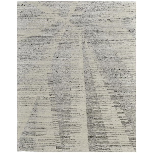 9 ft. x 13 ft. Ivory and Gray Abstract Hand Knotted Worn Faded Area Rug