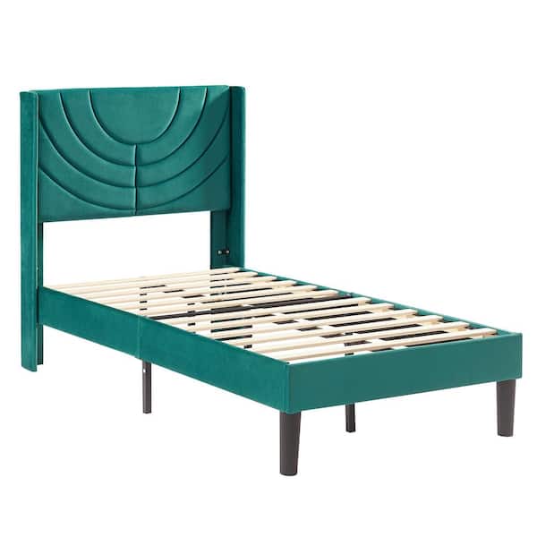 VECELO Upholstered Bed Green Metal Frame Twin Platform Bed with Headboard Wood Slat Support