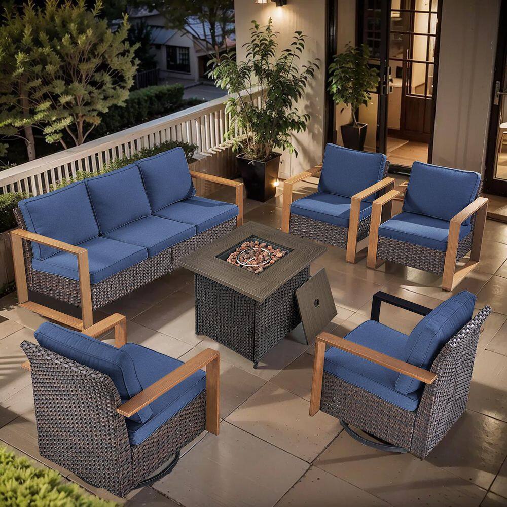 Cube Edge 6-Piece Brown Wicker Fire Pit Conversation Set with Olefin Blue Cushions and Armed Chair/Patio Swivel Chairs price history on PriceWatchPro