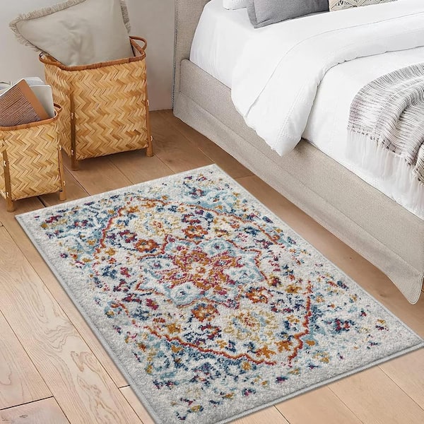Vintage Multi-Colored 2 ft. x 3 ft. Boho Medallion Low Pile Non-Shedding Distressed Mat Area Rugs