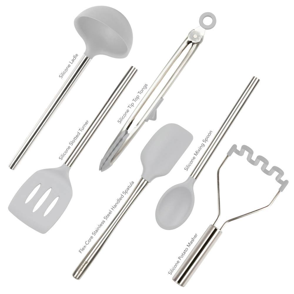 Oyster Gray Silicone and Stainless Steel 6-Piece Kitchen Utensil Set