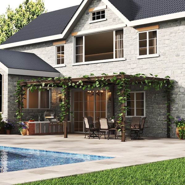 Celestia 10 ft. x 20 ft. Brown Aluminum Frame Outdoor Patio Louvered Pergola with Adjustable Shade Roof