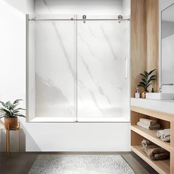60 in. W x 60 in. H Sliding Frameless Tub Door in Brushed Nickel Finish with Clear Glass