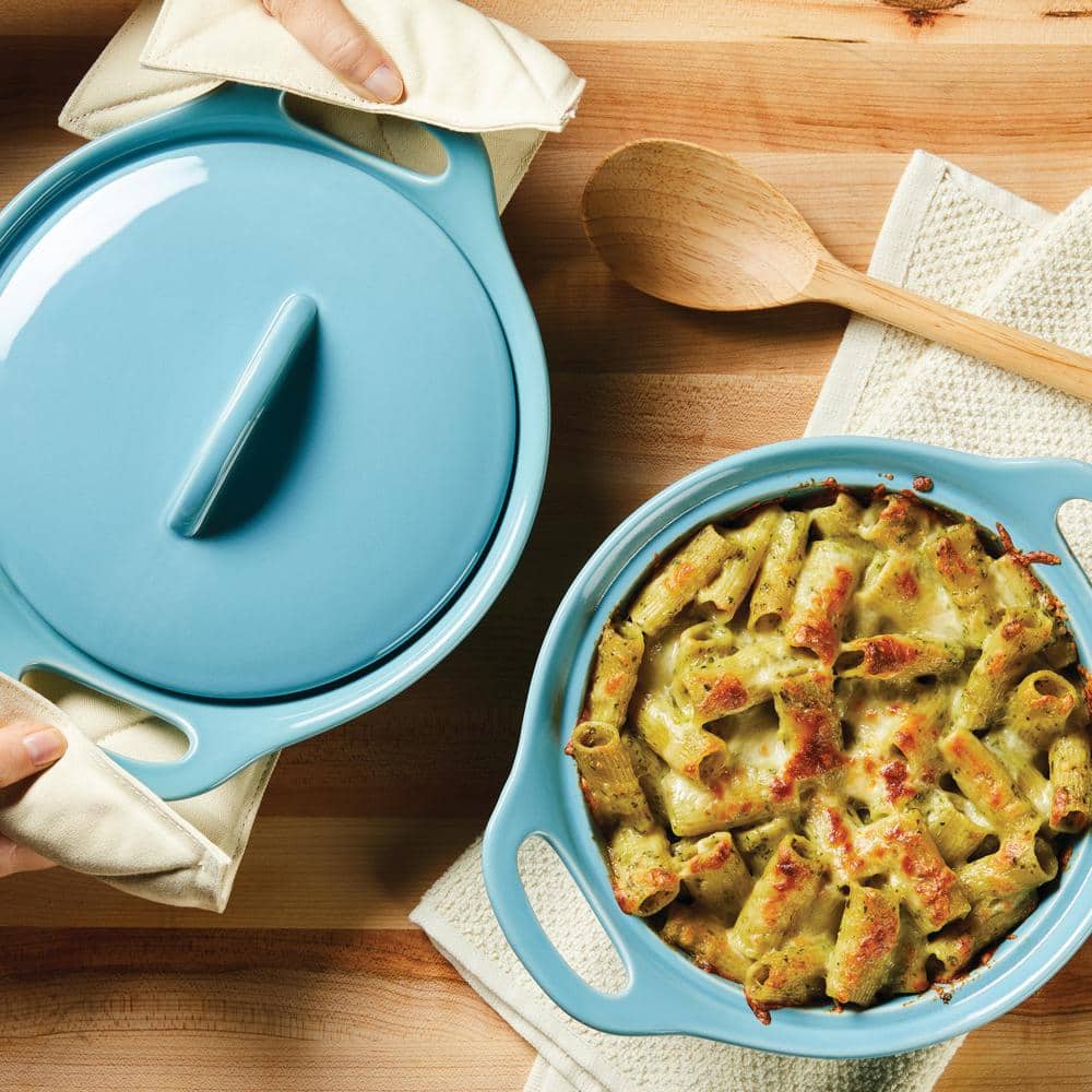 Agave Blue Ceramic Round Casserole Dish Set with Shared Lid