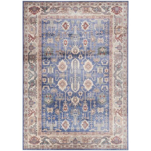 5 ft. x 7 ft. Beige Blue and Red Oriental Distressed Non Skid Area Rug