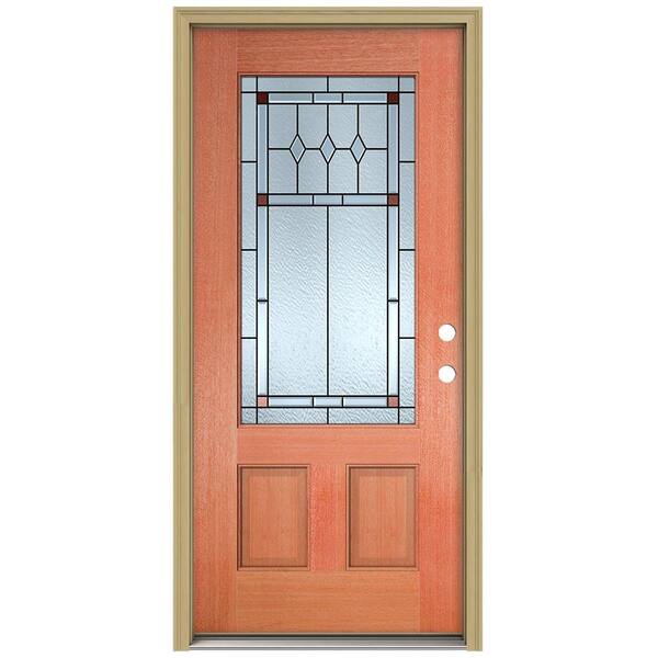 JELD-WEN 36 in. x 80 in. Ashmore 3/4 Lite Unfinished Mahogany Wood Prehung Front Door with Brickmould and Patina Caming
