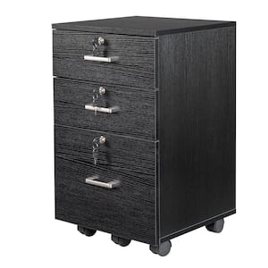 3-Drawers Black Engineered Wood 19.69 in. Mobile Vertical File Cabinet with Lock