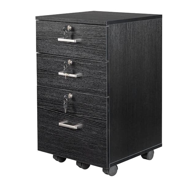 Outopee 3-Drawers Black Engineered Wood 19.69 in. Mobile Vertical File Cabinet with Lock