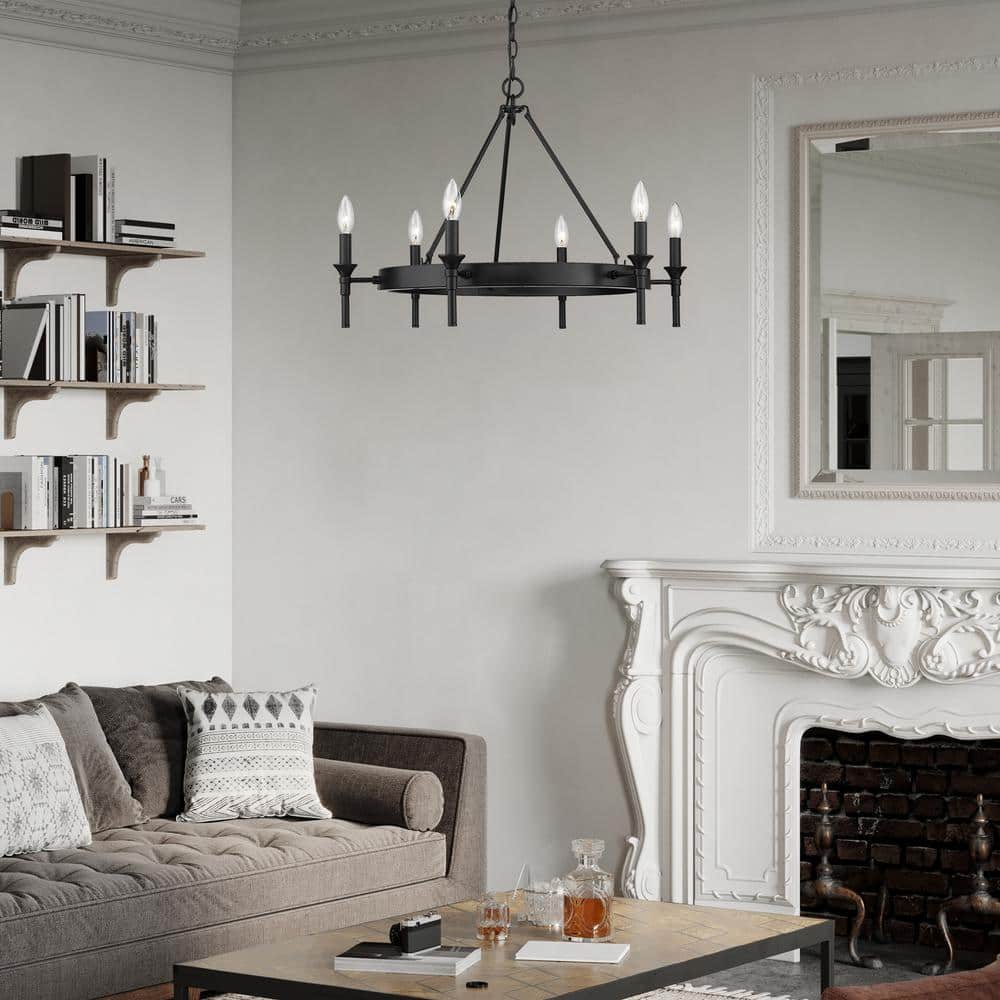 Matte Black 27'' Wagon Wheel 6-Light Chandelier