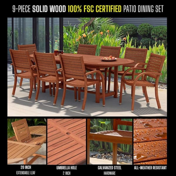 Arizona 9-Piece Solid Wood 100% FSC Certified Extendable Oval Patio Dining Set
