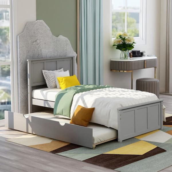 Qualler Gray Twin Size Platform Bed with Twin Size Trundle
