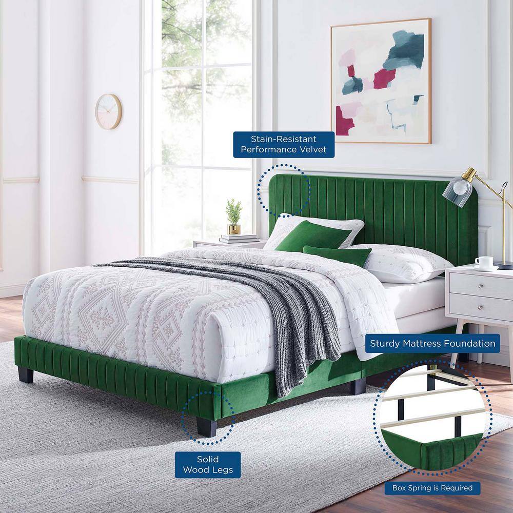 Elegant Emerald Velvet Queen Bed with Channel Tufted Headboard