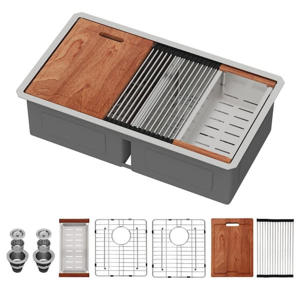 36 in. Undermount Workstation Sink with Low Divide Double Bowl 50/50 Brushed 16-Gauge Stainless Steel Kitchen Sink