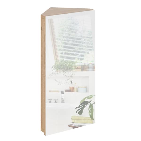 12.8 in. W x 24.2 in. H Rectangular Single Door Corner Surface Mount Frameless Medicine Cabinet with Mirror in Oak