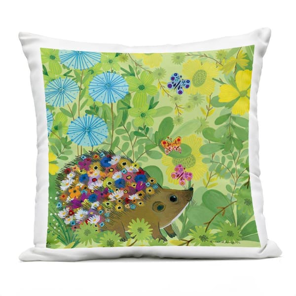Happy Hedgehog & Flowers Green Square Outdoor Throw Pillow