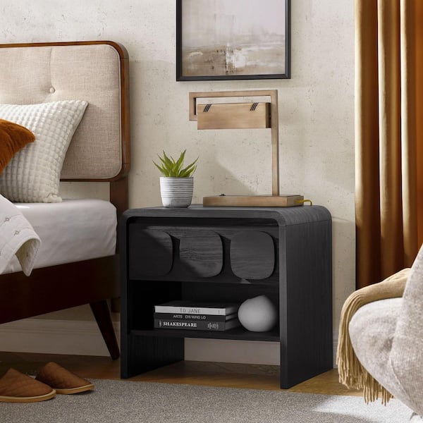 MODWAY Toscana 1-Drawer Nightstand in Black with Circular Pattern Drawer