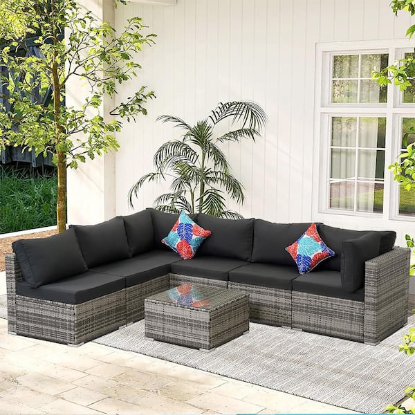 7 Pieces Wicker Outdoor Sectional Set with Gray Cushions, Patio Sectional Sofa Sets for Garden, Backyard, Poolside