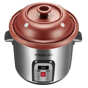 6 Qt.Electric Organic Clay Soup Broth Cooker, Quick-Slow Cooker, Steamer and Yogurt Maker in Stainless Steel Housing