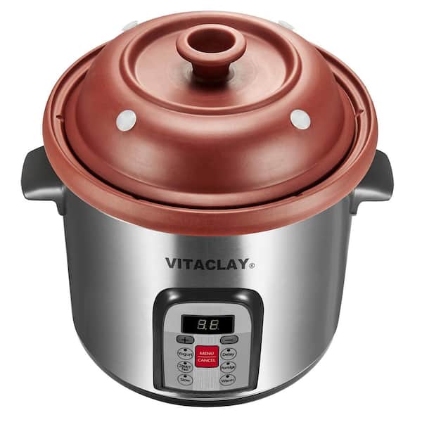 VITACLAY 6 Qt.Electric Organic Clay Soup Broth Cooker, Quick-Slow Cooker, Steamer and Yogurt Maker in Stainless Steel Housing