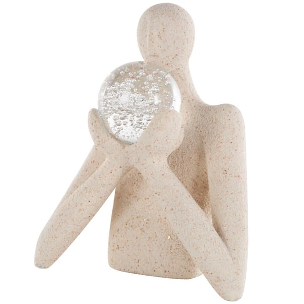 Litton Lane Cream Polystone Abstract Textured People Sculpture With Clear Glass Ball And Gold