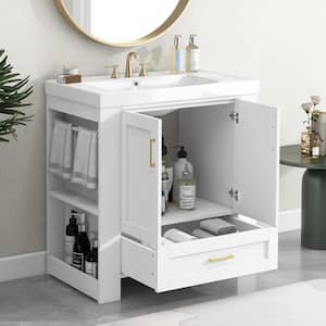 30 in. x 18 in. x 32 in. Modern Storage Bathroom Cabinet Freestanding Vanity with Gel Sink, 2-Sided Storage Shelf, White